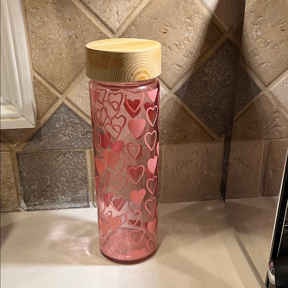 Pink & Red Hearts Glass Water Bottle Eco-Friendly Bamboo Lid